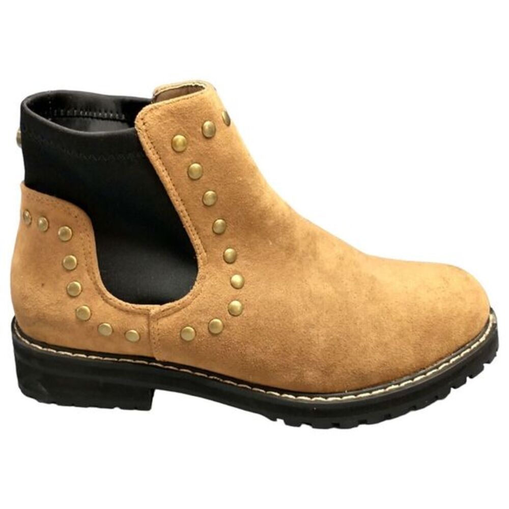 Seven 7 Ankle‎ Boots Womens Size 8 Tan Suede Waterproof Studded Lug Sole Slip On